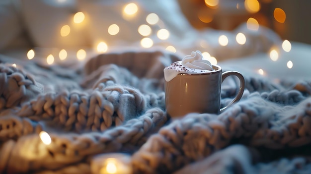 Una tazza accogliente di cioccolato caldo con panna montata sopra è il modo perfetto per scaldarsi in una fredda giornata invernale