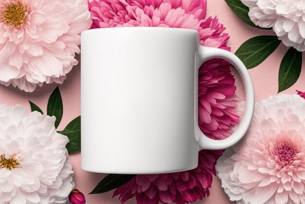 Una tazza bianca con fiori rosa è circondata da fiori rosa.