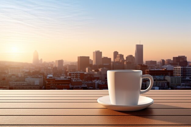 Una tazza bianca di tè al caffè si trova su un tavolo di legno su un davanzale del balcone con vista sul mattino o la sera grattacieli della metropoli un cielo limpido e soleggiato