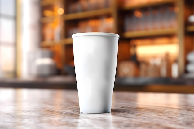 Una tazza bianca su un tavolo con uno sfondo sfocato.