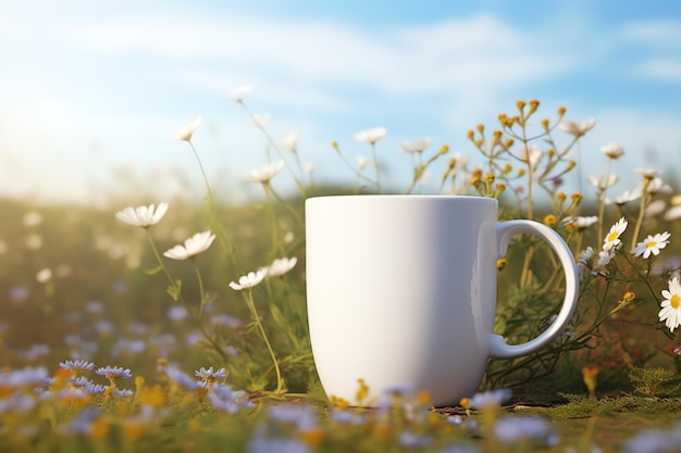 una tazza bianca vuota con manico mockup fiori di prato per il concetto di celebrazione per la tua pubblicità