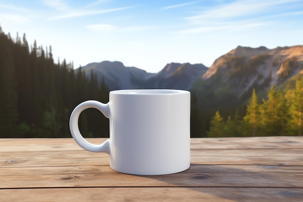 una tazza bianca vuota con manico mockup Mountain Landscape per il concetto di celebrazione per il tuo o