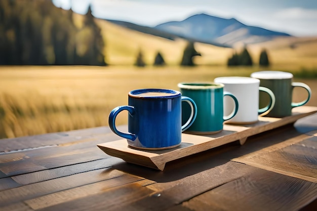 Una tazza blu con le parole caffè dentro.