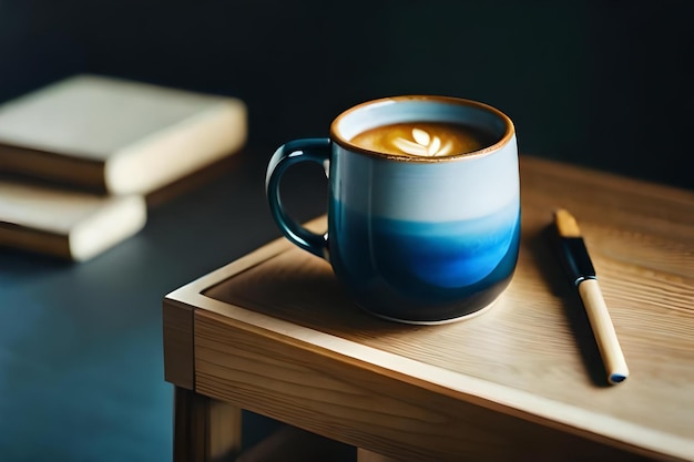 Una tazza blu di caffè con un liquido giallo dentro