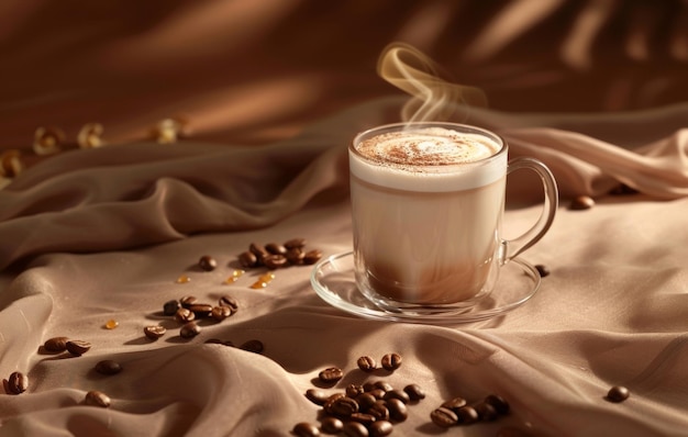Una tazza calda e invitante di latte art su un piatto circondato da chicchi di caffè che emettono vapore su uno sfondo di morbida consistenza