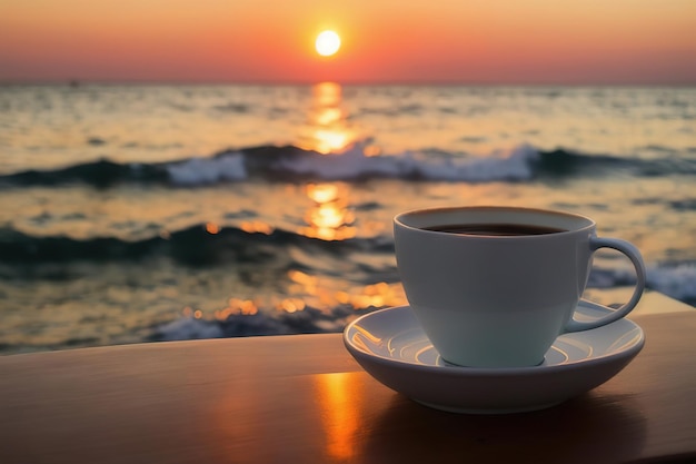 Una tazza con caffè su un tavolo su un'isola tropicale sullo sfondo delle onde dell'oceano IA generativa