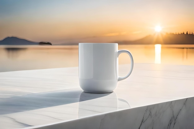 Una tazza con il sole che tramonta dietro di lei