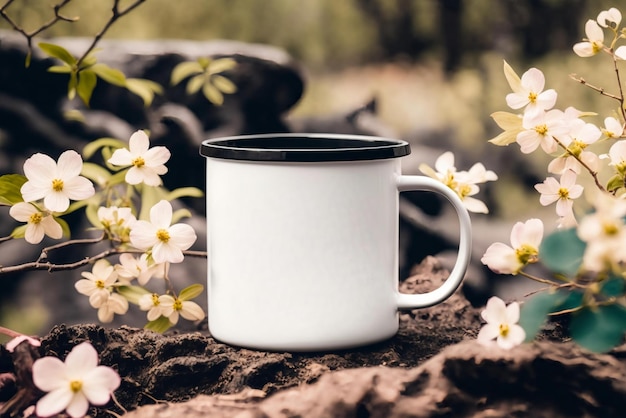 Una tazza con un'etichetta bianca si trova su una roccia di fronte a un albero con fiori.