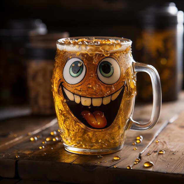 una tazza con una faccia fatta di birra e una faccia sorridente