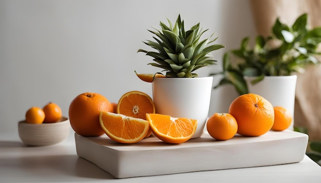 una tazza d'arancie e una tazza di caffè su un tavolo con un ananas e una tazzina di caffè