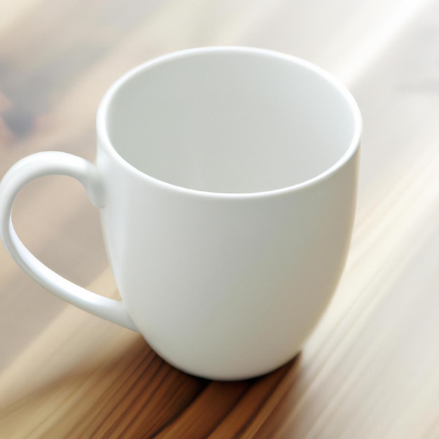 Una tazza da caffè bianca in piedi sul pavimento di legno
