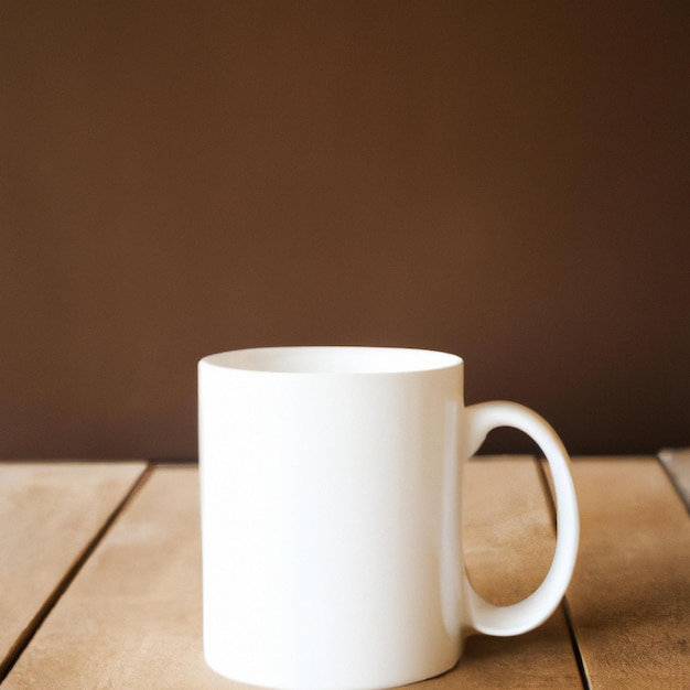 Una tazza da caffè bianca in piedi sul pavimento di legno