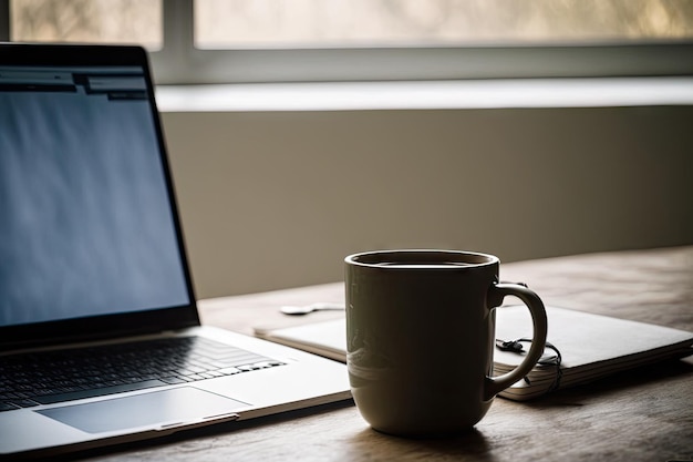 Una tazza da caffè e un computer portatile con uno schermo sfocato sono su un tavolo