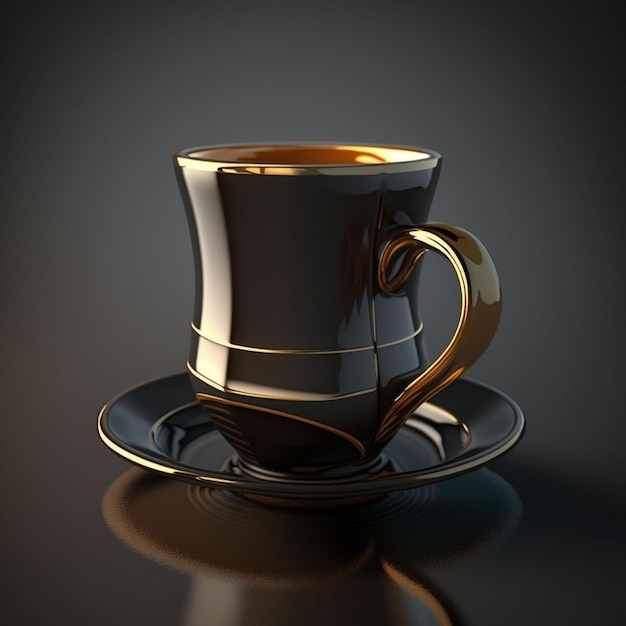 Una tazza da caffè nera e oro con manico dorato si trova su una superficie nera.
