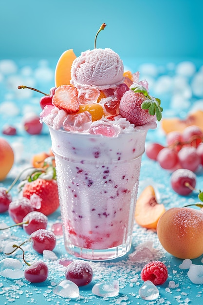 Una tazza da dessert di gelato e frutta sopra la neve ghiacciata in estate
