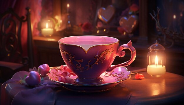 una tazza da tè come coppa decorativa piena di cuori e un cesto pieno di sacchetti di tè a forma di cuore o regali a tema d'amore Lascia spazio per una calda nota di San Valentino