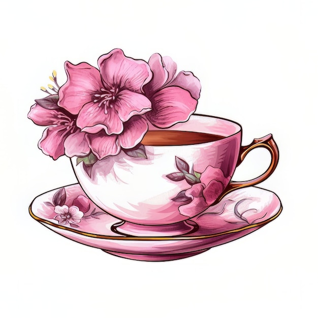 Una tazza da tè rosa con fiori e una tazza di tè sopra.