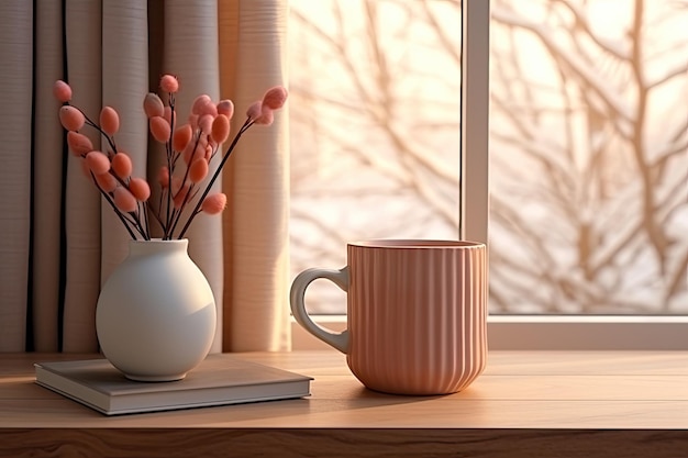 Una tazza di bevanda calda e graziosi oggetti di arredamento per la casa il concetto di comfort ed estetica domestica