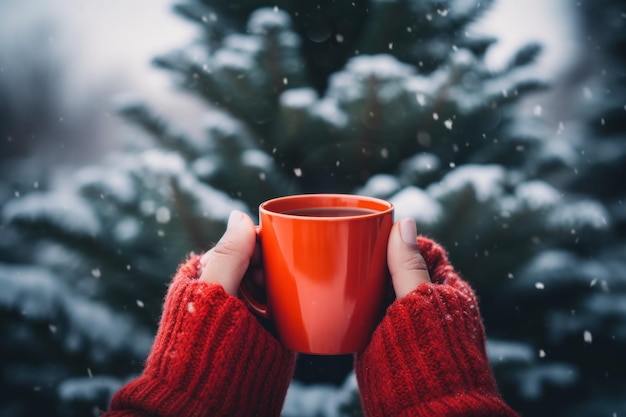 Una tazza di bevanda calda in una ventilata mattina invernale ai