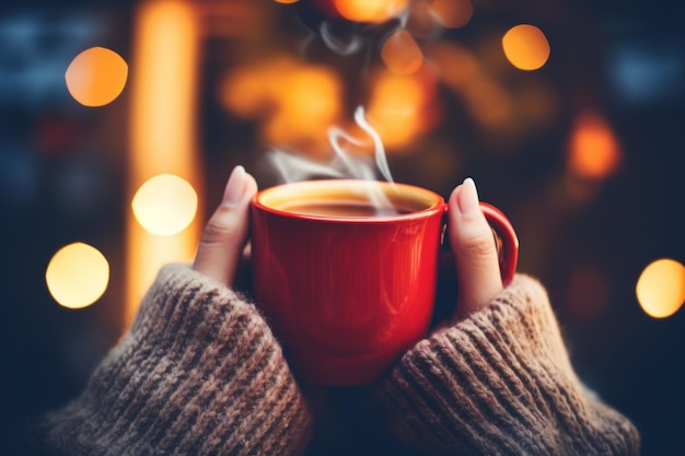 Una tazza di bevanda calda in una ventilata mattina invernale ai