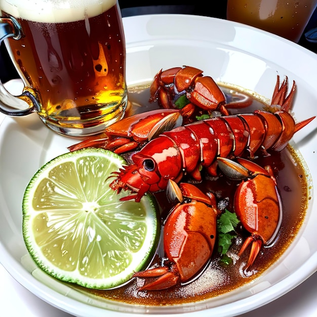 Una tazza di birra e gamberetti bolliti.