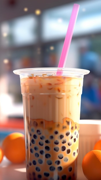 Una tazza di bubble tea con una cannuccia rosa