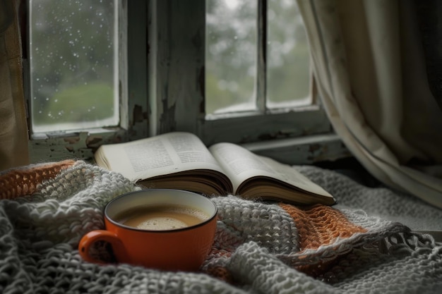 Una tazza di caffè accanto a un libro aperto su una coperta accogliente invita a un momento di pace di lettura e relax all'aperto