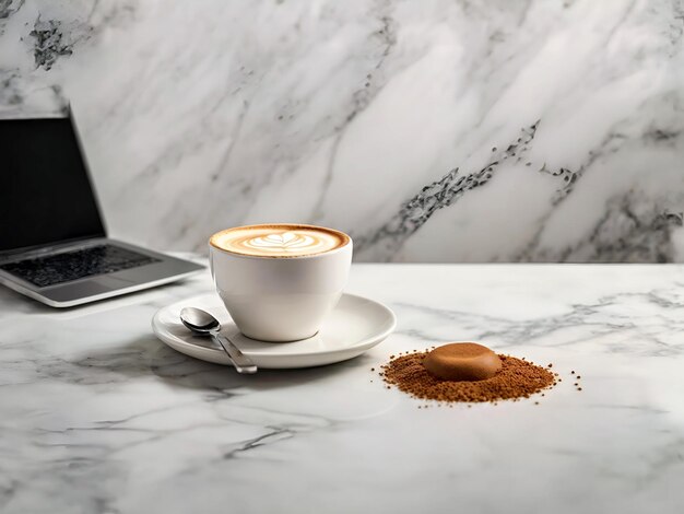 Una tazza di caffè accanto a un portatile su un tavolo di marmo