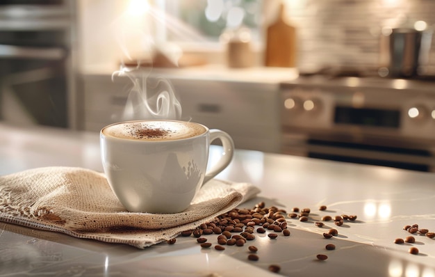 Una tazza di caffè al vapore con l'arte del latte su un piatto decorato con fagioli di caffè su un tavolo di legno rustico in un ambiente cucina accogliente