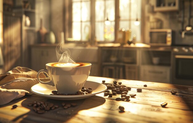 Una tazza di caffè al vapore con l'arte del latte su un piatto decorato con fagioli di caffè su un tavolo di legno rustico in un ambiente cucina accogliente