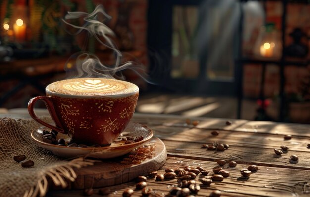 Una tazza di caffè al vapore con l'arte del latte su un piatto decorato con fagioli di caffè su un tavolo di legno rustico in un ambiente cucina accogliente