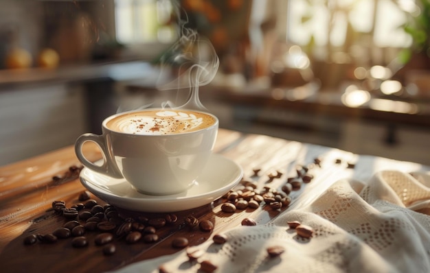 Una tazza di caffè al vapore con l'arte del latte su un piatto decorato con fagioli di caffè su un tavolo di legno rustico in un ambiente cucina accogliente