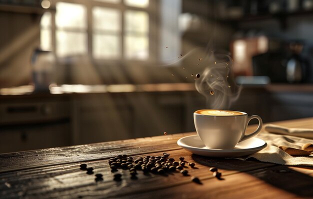 Una tazza di caffè al vapore con l'arte del latte su un piatto decorato con fagioli di caffè su un tavolo di legno rustico in un ambiente cucina accogliente