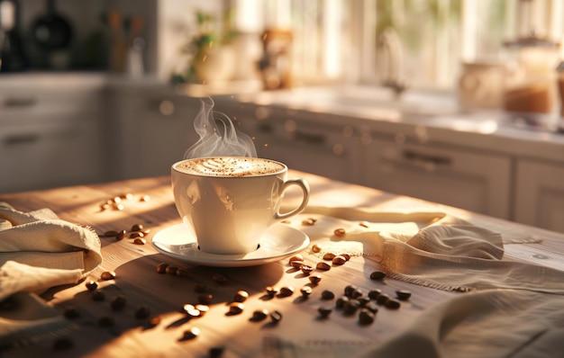 Una tazza di caffè al vapore con l'arte del latte su un piatto decorato con fagioli di caffè su un tavolo di legno rustico in un ambiente cucina accogliente