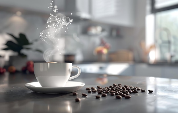 Una tazza di caffè al vapore si trova su un bancone di marmo bagnato dalla luce solare con una diffusione di fagioli e uno sfondo di cucina accogliente