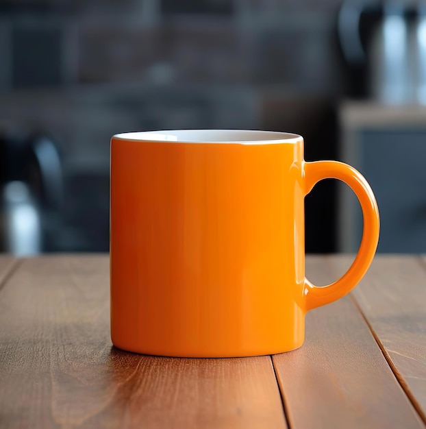 Una tazza di caffè arancione brillante si siede su un tavolo di legno