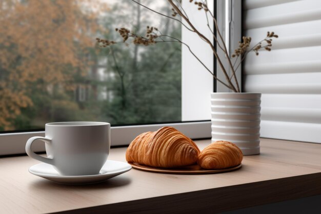 Una tazza di caffè bianca con un piatto bianco si trova su un tavolo di legno accanto a un piatto di croissant La scena è accogliente e invitante con i colori caldi dei croissant