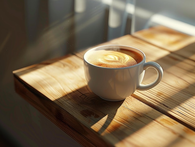 Una tazza di caffè bianca con un vortice marrone in cima si trova su un tavolo di legno Il sole splende attraverso la finestra proiettando un bagliore caldo sulla tazza e sul tavolo Concetto di relax e comfort
