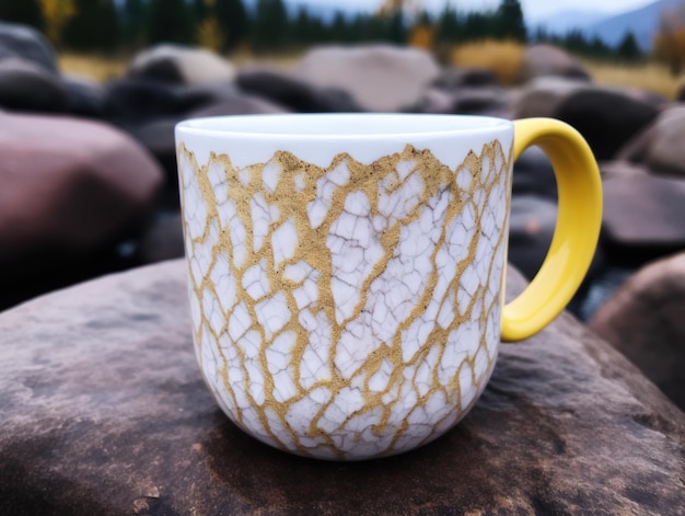 Una tazza di caffè bianca e dorata su una roccia