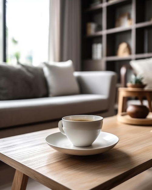 Una tazza di caffè bianca è posta su un tavolo di legno con uno sfondo del soggiorno IA generativa