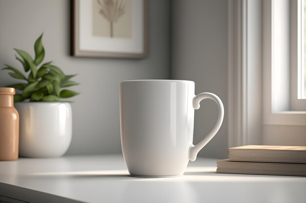 Una tazza di caffè bianca si trova su un tavolo bianco accanto a un libro e una pianta.