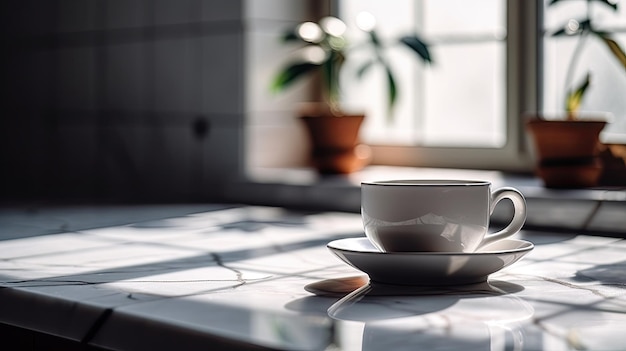 Una tazza di caffè bianca si trova su un tavolo davanti a una finestra.