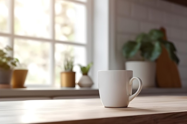 Una tazza di caffè bianca si trova su un tavolo di legno in una cucina con una finestra dietro di essa.