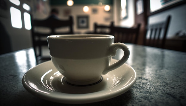 Una tazza di caffè bianca si trova su un tavolo in un bar.