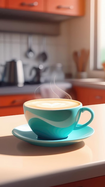 una tazza di caffè blu con vapore su un tavolo di legno in un'atmosfera accogliente di casa in una luce calda il concetto di comfort di casa e buon giorno