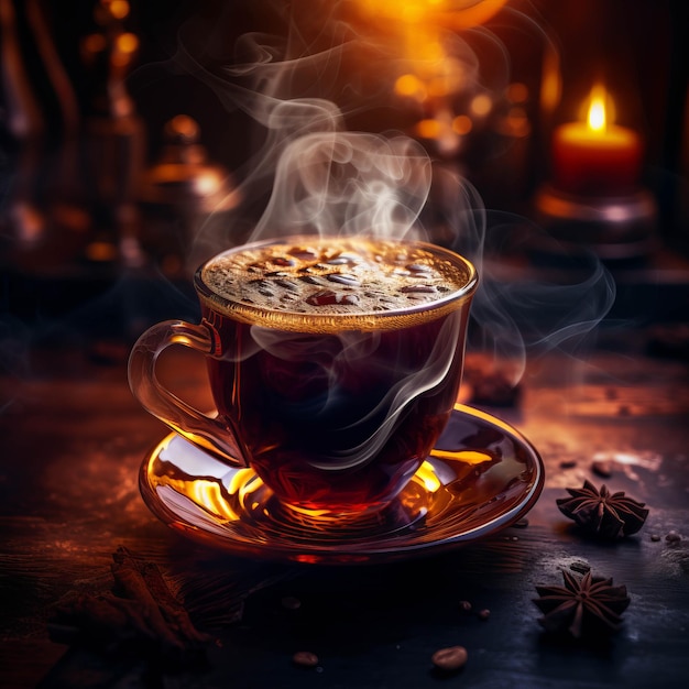 Una tazza di caffè calda con un aroma ricco e un liquido marrone scuro in piedi sul tavolo