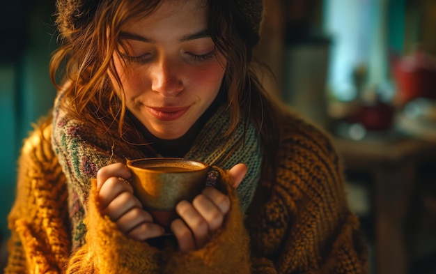 Una tazza di caffè calda in mani accoglienti