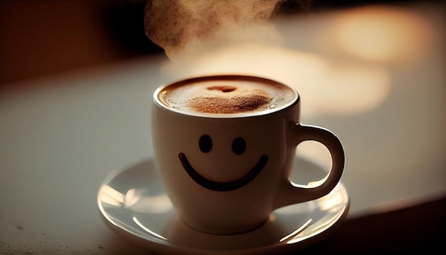 Una tazza di caffè caldo con una faccina sorridente sul tavolo IA generativa