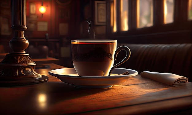 Una tazza di caffè caldo in un elegante caffè generativo AI