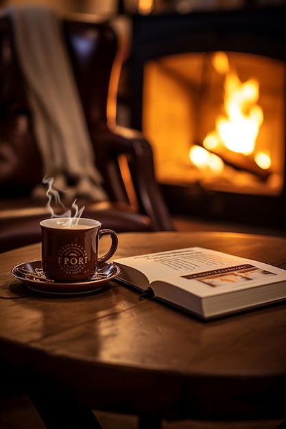 Una tazza di caffè caldo o tè accanto al libro di fronte a un soggiorno con camino